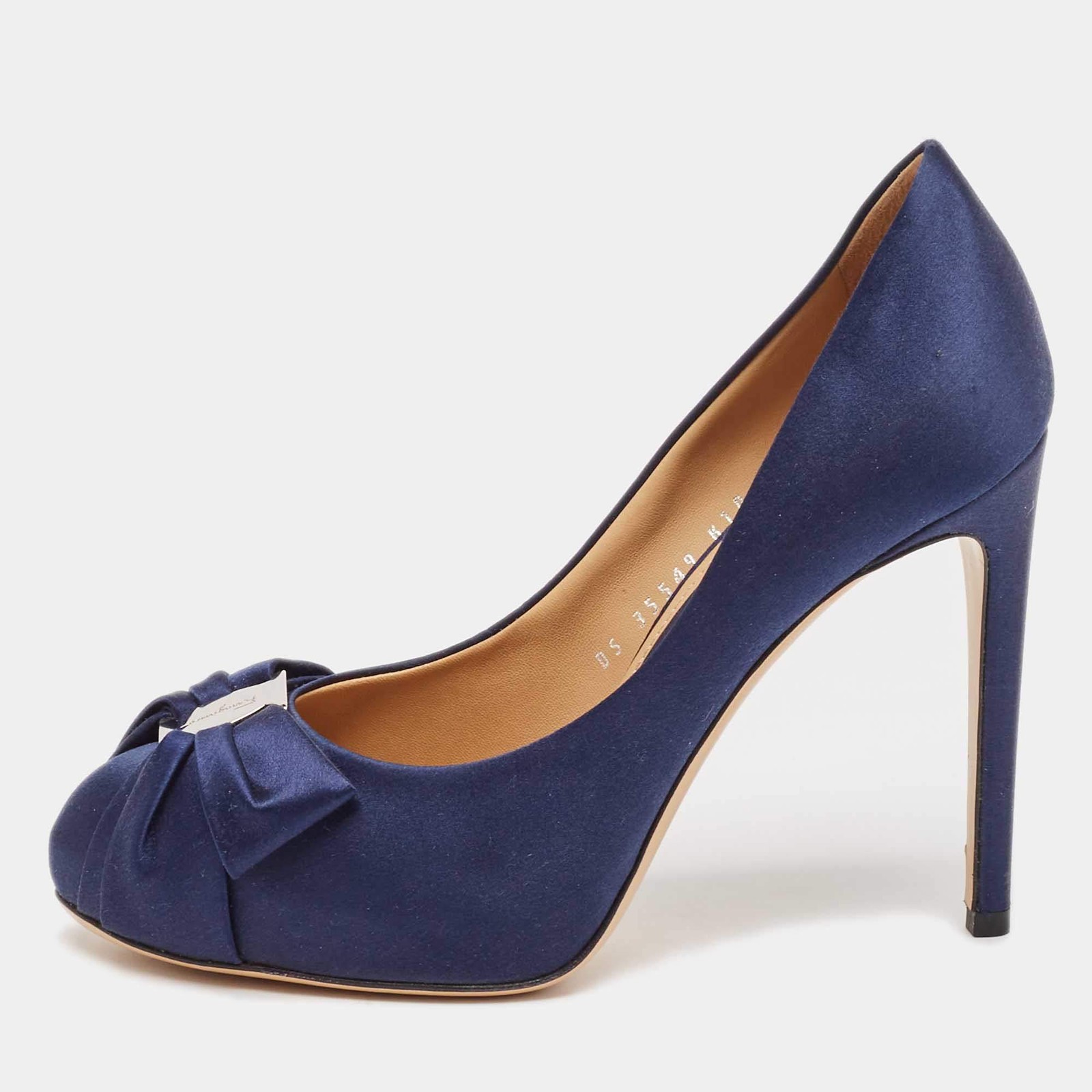 Salvatore Ferragamo Navy Blue Satin Bow Platform Pumps Size 37