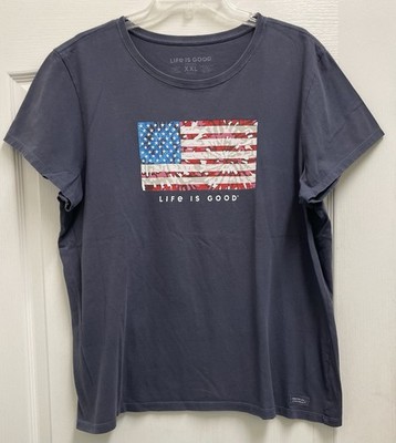 Woman s LIFE IS GOOD American Flag  V-Neck Crusher Cap Sleeve Tee T-Shirt Sz XXL