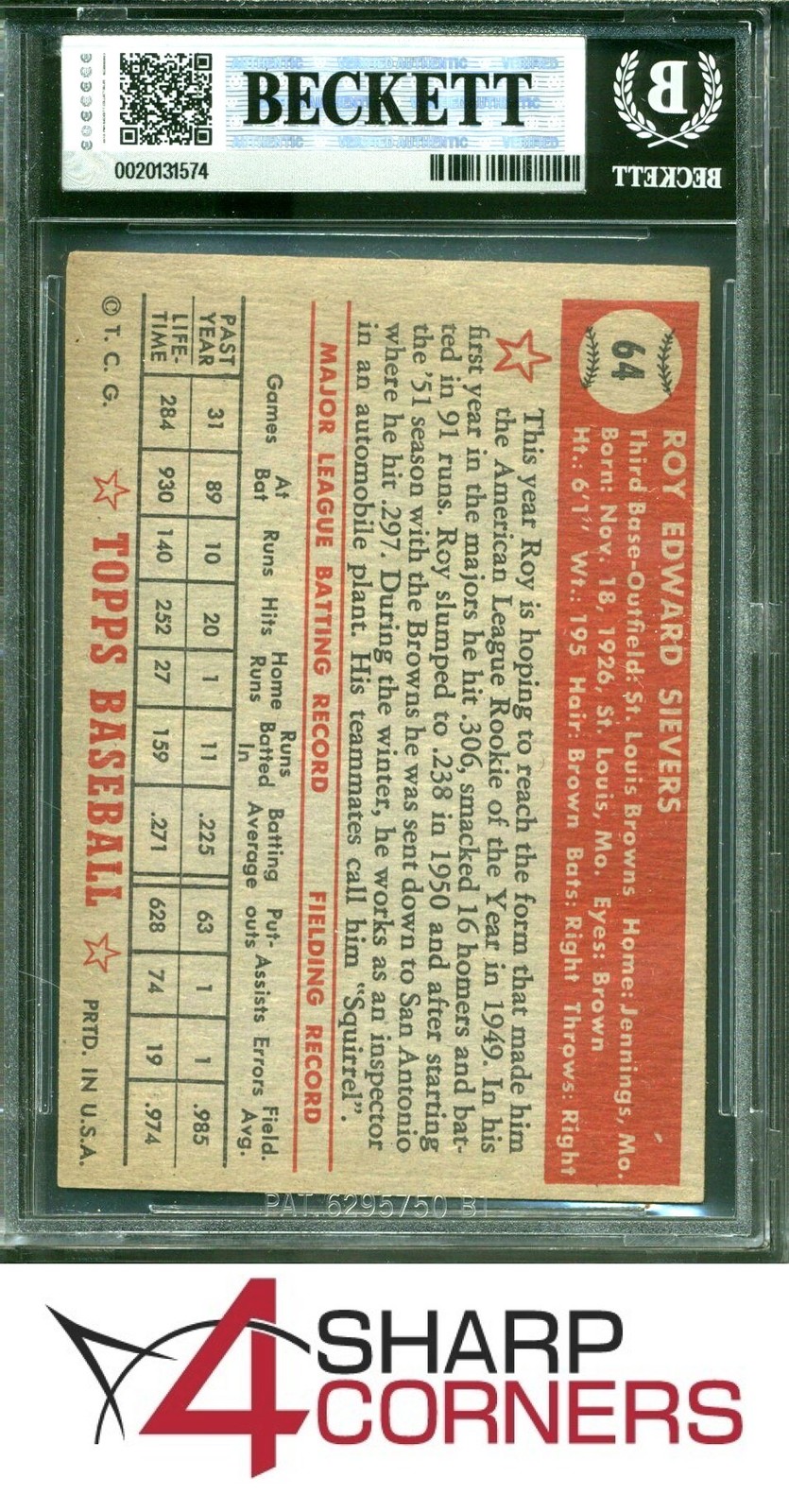1952 TOPPS #64 ROY SIEVERS BGS 3.5 view 2