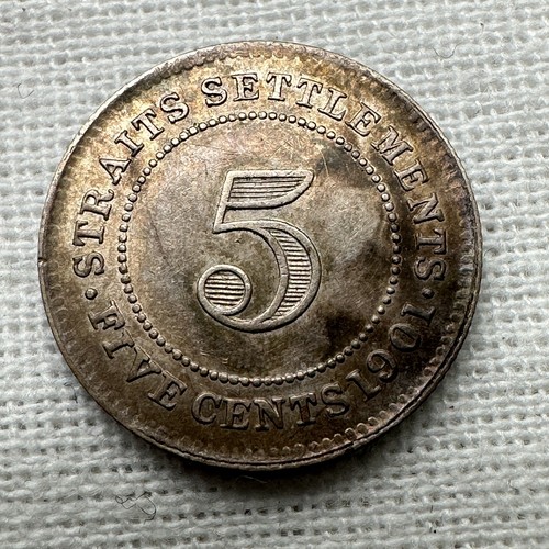 Straits Settlements 5 Cents KM# 10 Silver Coin Slightly Toned High Grade - Picture 2 of 5