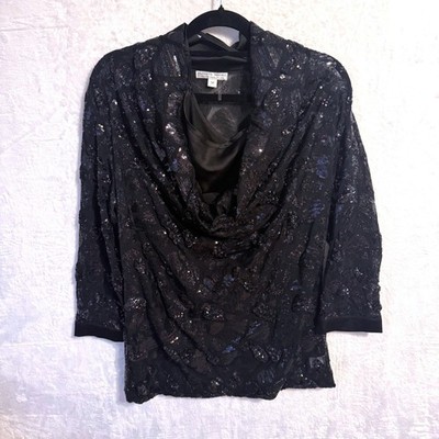Alberto Makali Womens Black Sequin Cowl Neck Top 3/4 Sleeve Mesh Blouse Medium