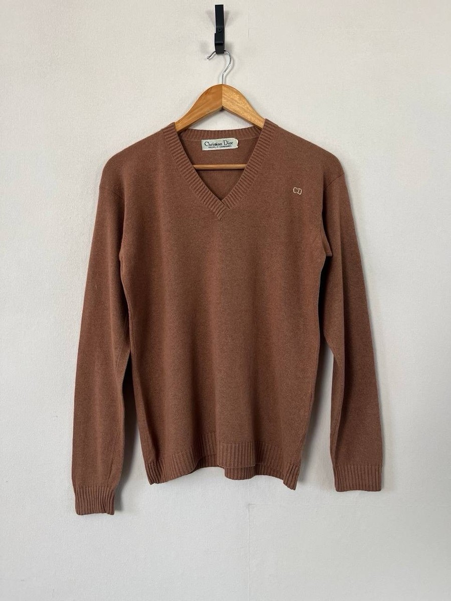 Christian Dior Brown Cashmere V-Neck Logo Men