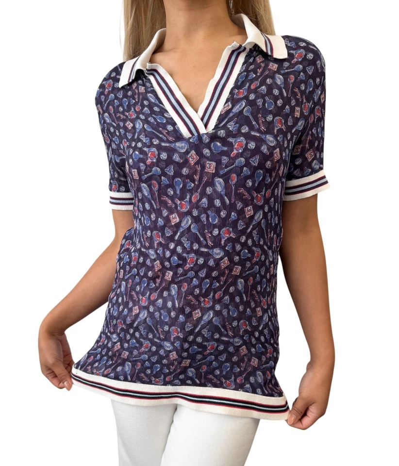 Camiseta Polo CHANEL Sport Vintage 06P #34 Azul Blanco Seda Cuello en V Tenis Foto 2 de 4