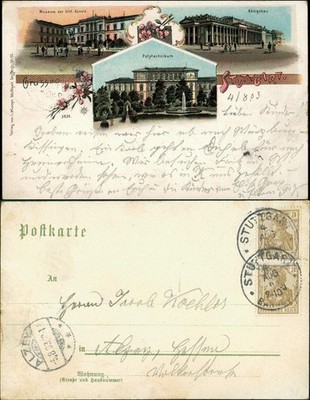 Litho AK Stuttgart 3 Bild Litho: Museum, Königsbau, Polytechnikum 1903