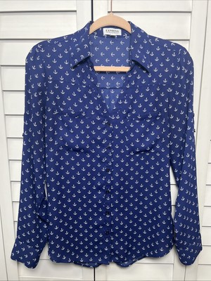 #ad Express Anchor Print Long Sleeve Portofino Button Down Top Fisherman Size Small $21.00