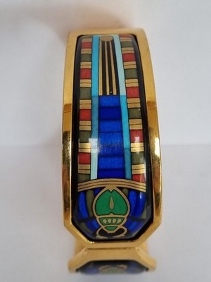 MICHAELA FREY WIEN 24CT GOLD PLATED SCARAB EGYPTIAN REVIVAL ENAMEL BANGLE w/ BOX
