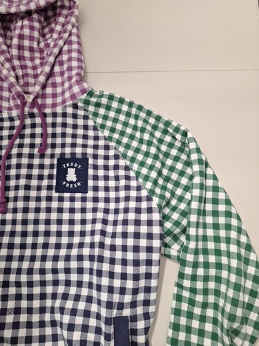 Teddy Fresh Large Hoodie Gingham Navy Purple Red Green Multi Colored Pullover L - Picture 6 of 17
