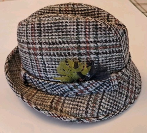 Dobbs Hand Woven Hat Size 7 Harris Tweed Scottish Men's Vintage Plaid Feather - Picture 3 of 13