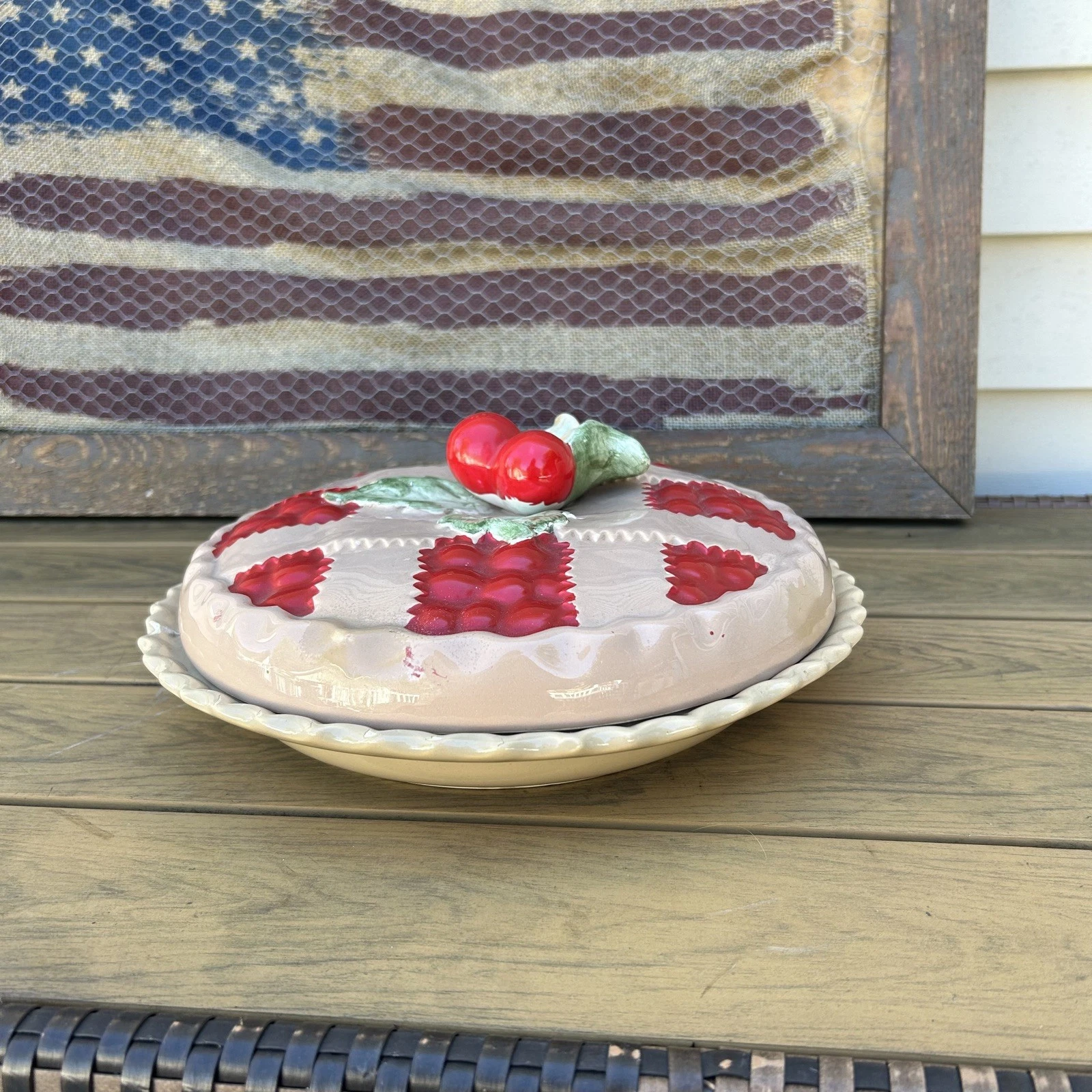 Pie Keeper Saver Ceramic Cherry 90's Baking Dish Lid 11.5”