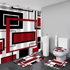 4 Pcs Red Geometric Shower Curtain Set with Rugs Bathroom Set Black Red
