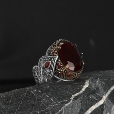 Men  s 925 Sterling Silver Ring with Red Zircon Stone   Handmade 18g