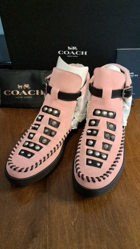 COACH Pink/Black Leather Buckle Strap Mid Top moccasins in Box
