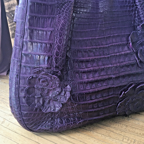 Nancy Gonzalez Purple Crocodile Handbag with Layered Cut Flower Details - Picture 3 of 17