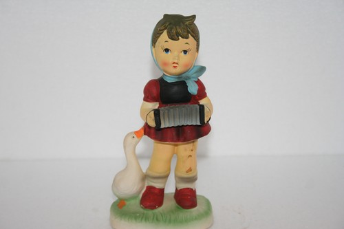 Vtg Japan Enesco HP Bisque Porcelain Girl Musician Playing Accordion With Goose