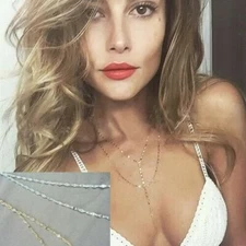 Dainty 2 Layer Lariat Choker Necklace Y Twist Sparkle Drop Chains Gold Silver