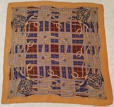 SCARF VINTAGE AUTHENTIC EQUESTRIAN ART SADDLES BROWN BLUE SILK 42" SQUARE