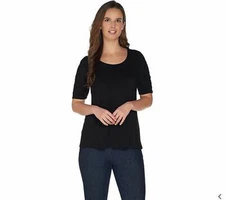 H by Halston Scoop Neck Elbow Sleeve Womens Top Ruching w/Detail Black Medium