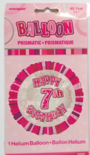 Unique Helium Foil Balloon 18" Round Happy 7th Birthday Pink Prismatic Holograph