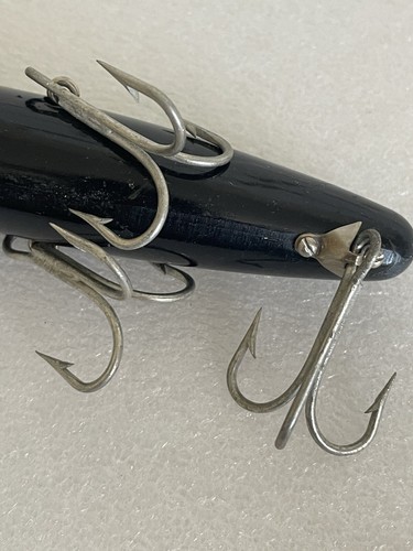 Vintage Fred Arbogast Jitterbug Black 5" Three Hook Musky Fishing Lure Large - Imagen 16 de 18