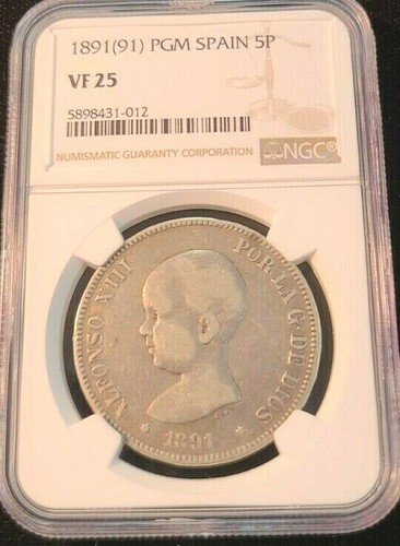 1891 PGM SPAIN SILVER 5 PESETAS 5P INFANT BUST NGC VF 25 SCARCE NON PROBLEM COIN - Picture 5 of 5