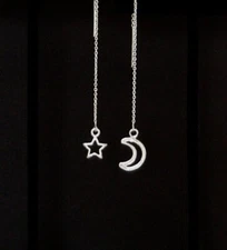"IAJ" MOON & STAR STERLING SILVER Ear Threads Threader Earrings 