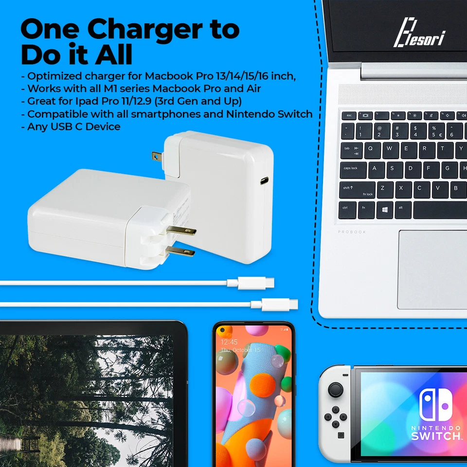 Adaptador Cargador de Alimentación USB Besori 96W Tipo C Cable USB-C de 6 pies Macbook Pro/Air Dell Foto 4 de 4