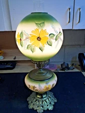 Vintage 3way Parlor Lamp 25” hand painted Lg Double Ball Lamp Floral