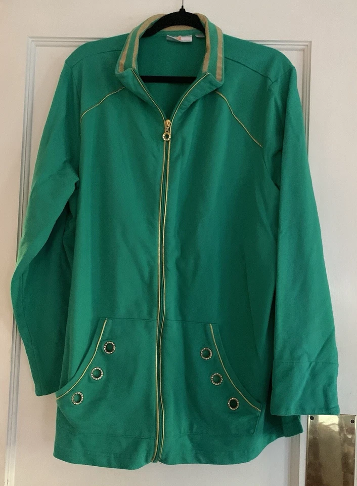 Quacker Factory Track Jacket Women 2X Green Bling Gold Zip Up Rocker Grandma* - Image 2 of 4