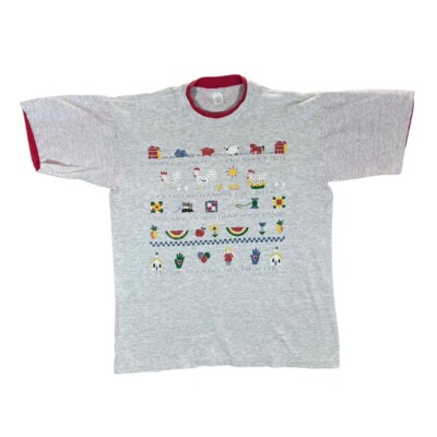 Vintage 90er A FRIENDLY FARM Neuheit Grafik Einzelnaht T-Shirt Large grau