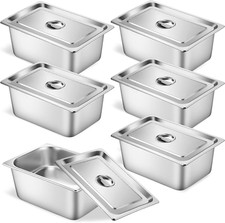 6 Set Stainless Steel Hotel Pans Full Size 6 Inch Deep with Lids, Anti-Jam Chafi