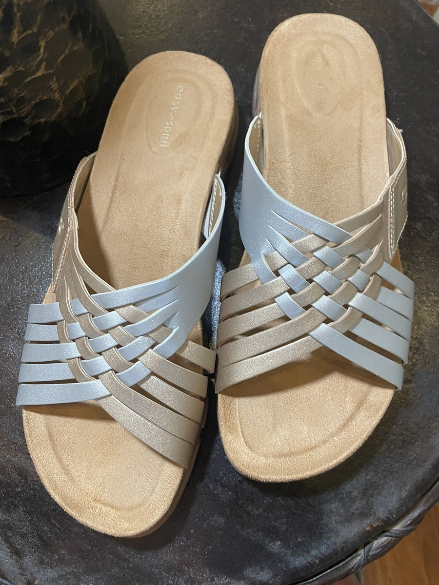 EASY SPIRIT WOMEN'S Gold Silver LEATHER SAILORS SANDALS SIZE 9M