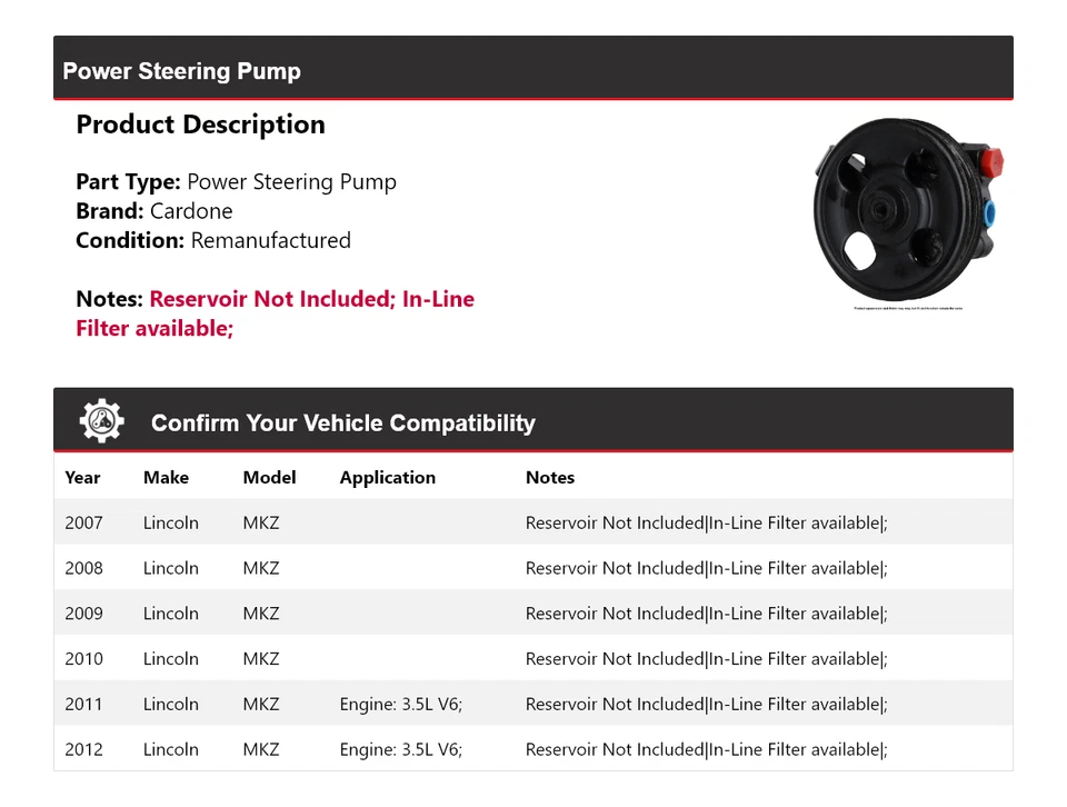 Bomba de direção hidráulica Cardone 2008 2009 2010 2011 para 2007-2012 Lincoln MKZ - Imagem 2 de 4