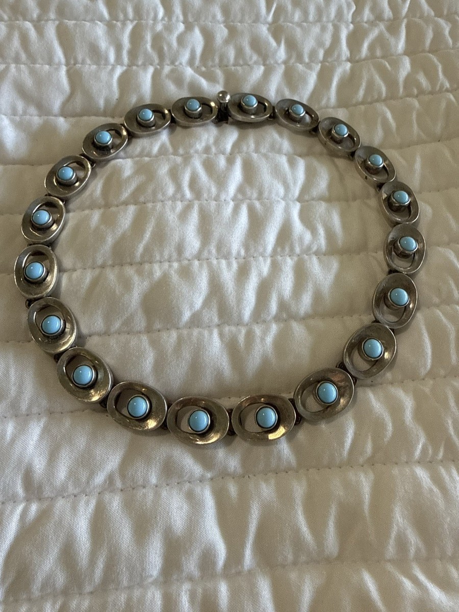 Vintage Taxco Mexico Sterling Silver 925 Turquoise Necklace 16” Heavy  118.5 g