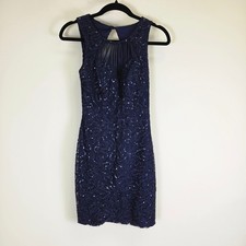 Navy Blue Lace Sequin Cocktail Dress Sleeveless Keyhole Back Mini Dress