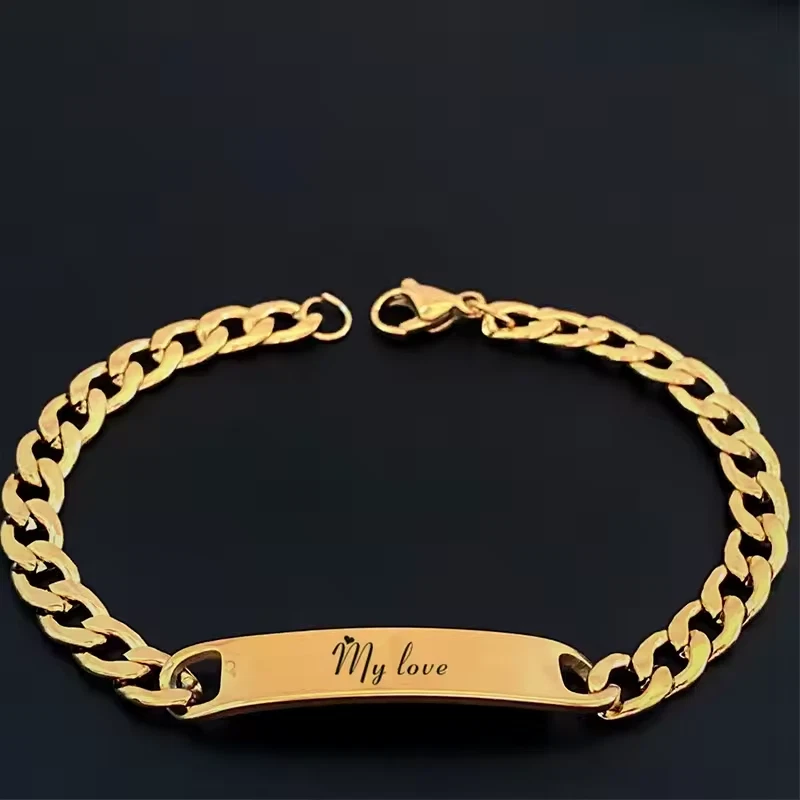 Pulsera con Nombre Personalizado Cadena Joyería Hombres Mujeres Acero Inoxidable Grabado Dorado Foto 2 de 4