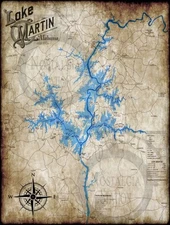 Lake Martin Alabama Vintage Style Map Alexander City Dadeville FREE SHIPING!
