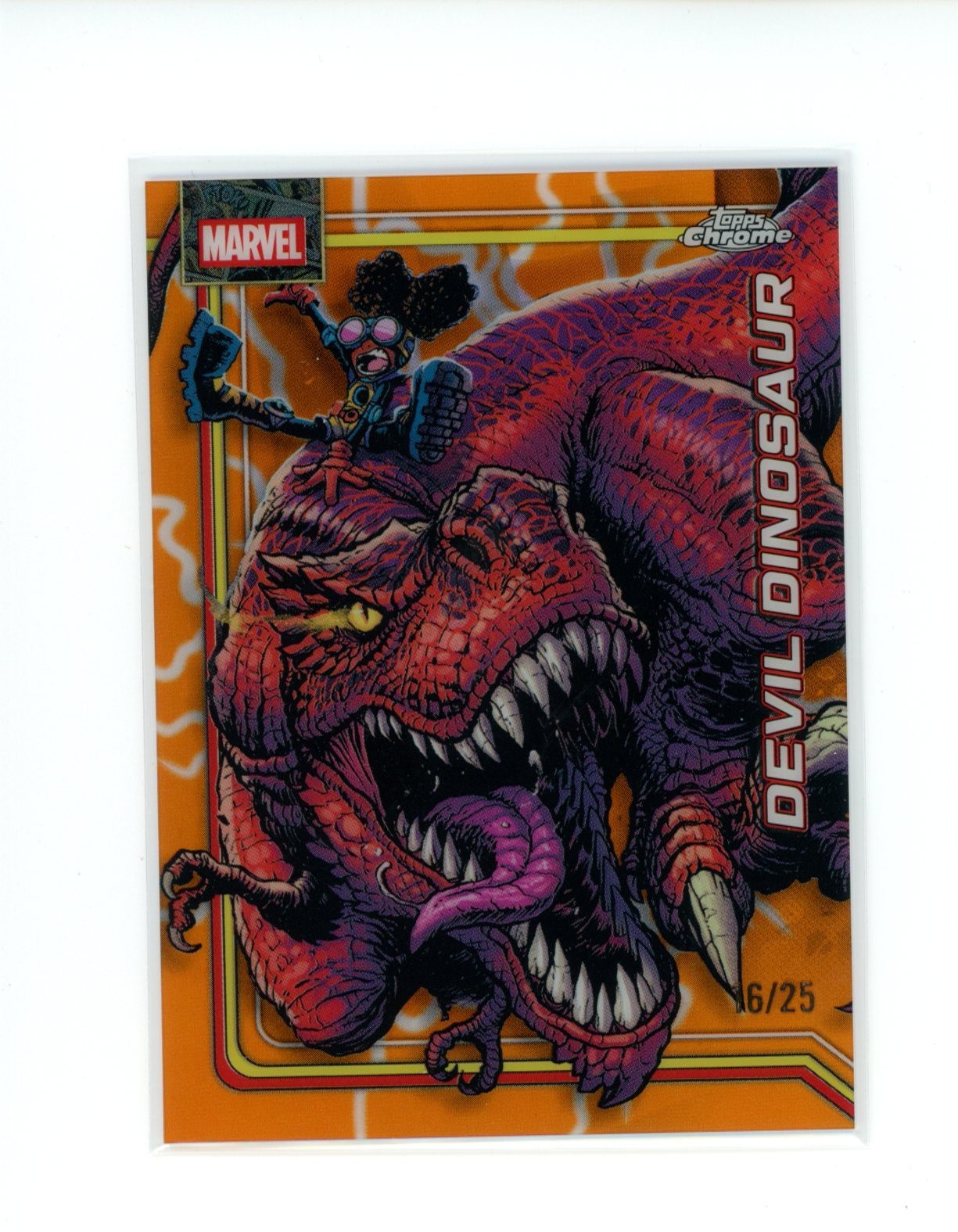 2026 Topps Chrome Marvel Comics Devil Dinosaur #110 Orange Lightning Ref 16/25