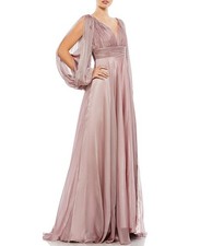 NWT Mac Duggal 67414 Chiffon Split Sleeve Deep V-Neck A Line Gown Sz 8 Pink