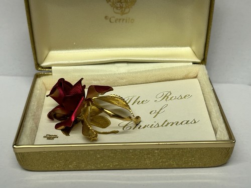 Vintage Rose Brosche Anstecknadel von Cerrito mit Originalkarton Weihnachten goldfarben - Bild 4 von 13