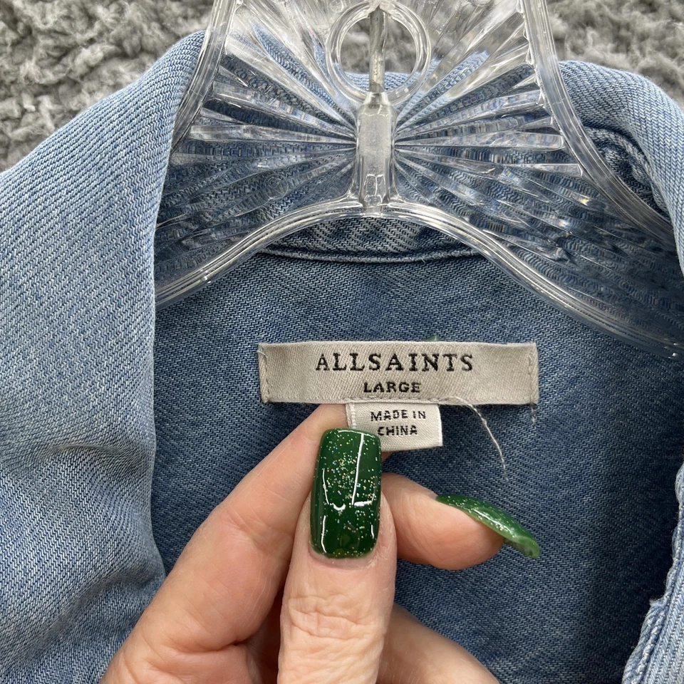 Colete jeans feminino AllSaints grande azul sem mangas longline cintura amarrada bainha crua - Imagem 3 de 4