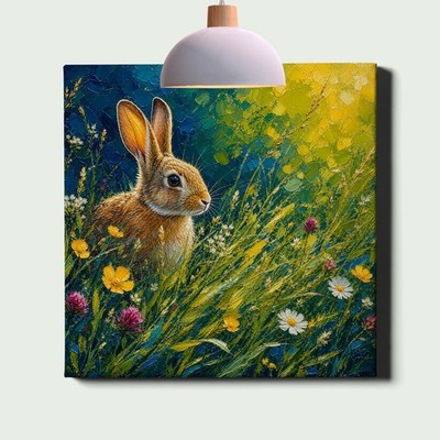 Colorful rabbit in floral meadow Canvas Print, abstract animal painting