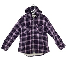 Boston Traders Sherpa Lined Flannel Shirt Womens Large Purple Plaid Hooded