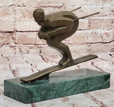 Art Deco Handcrafted by Lost Wax Male Classic Ski Trophy Bronze Sculpture Figure