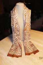 Adrienne Vittadini oblong scarf; golden brown, white; abstract. Silk 52x11