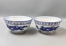 2 Blue and White Chinese Dragon Design Rice Soup or Ramen Bowls