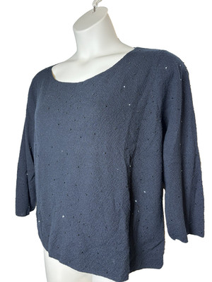 Vtg Eileen Fisher Black Micro Beaded Sweater~XL~Italian Merino Wool Lightweight