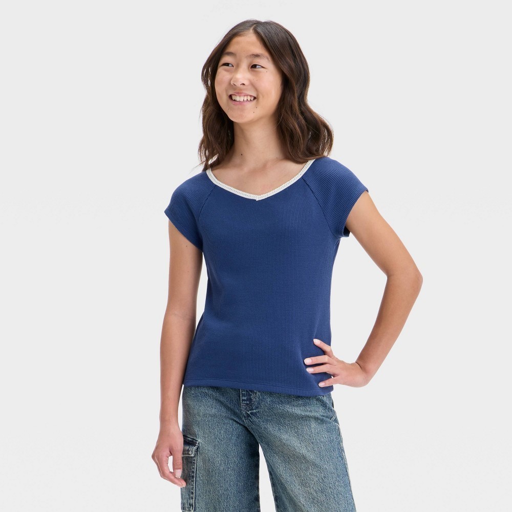 Art Class Girls Size XS (4/5)  Waffle Knit T-Shirt Cap Sleeves Navy Blue NEW