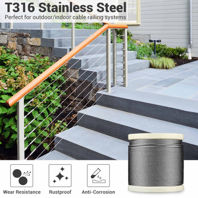 1/8'' T316 Stainless Steel Cable Wire Rope 7x7 Aircraft Strand Coil & Reel