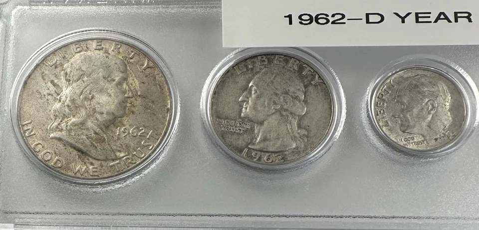 1962-D Mint 5-Coin Year Set – XF/AU – Toned 25¢, 5¢ & 50¢ – 90% Silver – Whitman - Image 2 of 4