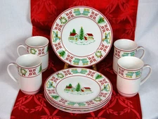 Set of 4 Vtg Georges Briard Christmas Sampler Mugs & Dessert Plates 8 Pcs Total